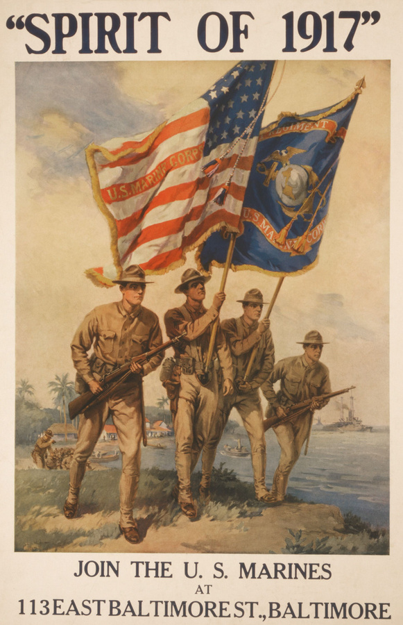 SPIRIT OF 1917. Marines on a beach, carrying rifles and flags. American World War 1 recruiting poster by Howard Chandler Christy, 1917  (BSLOC_2017_1_51)